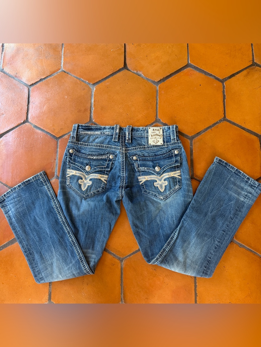 Rock Revival Clive Boot Jeans Mens 34 x 33 Embroidered Distressed Leather Insert